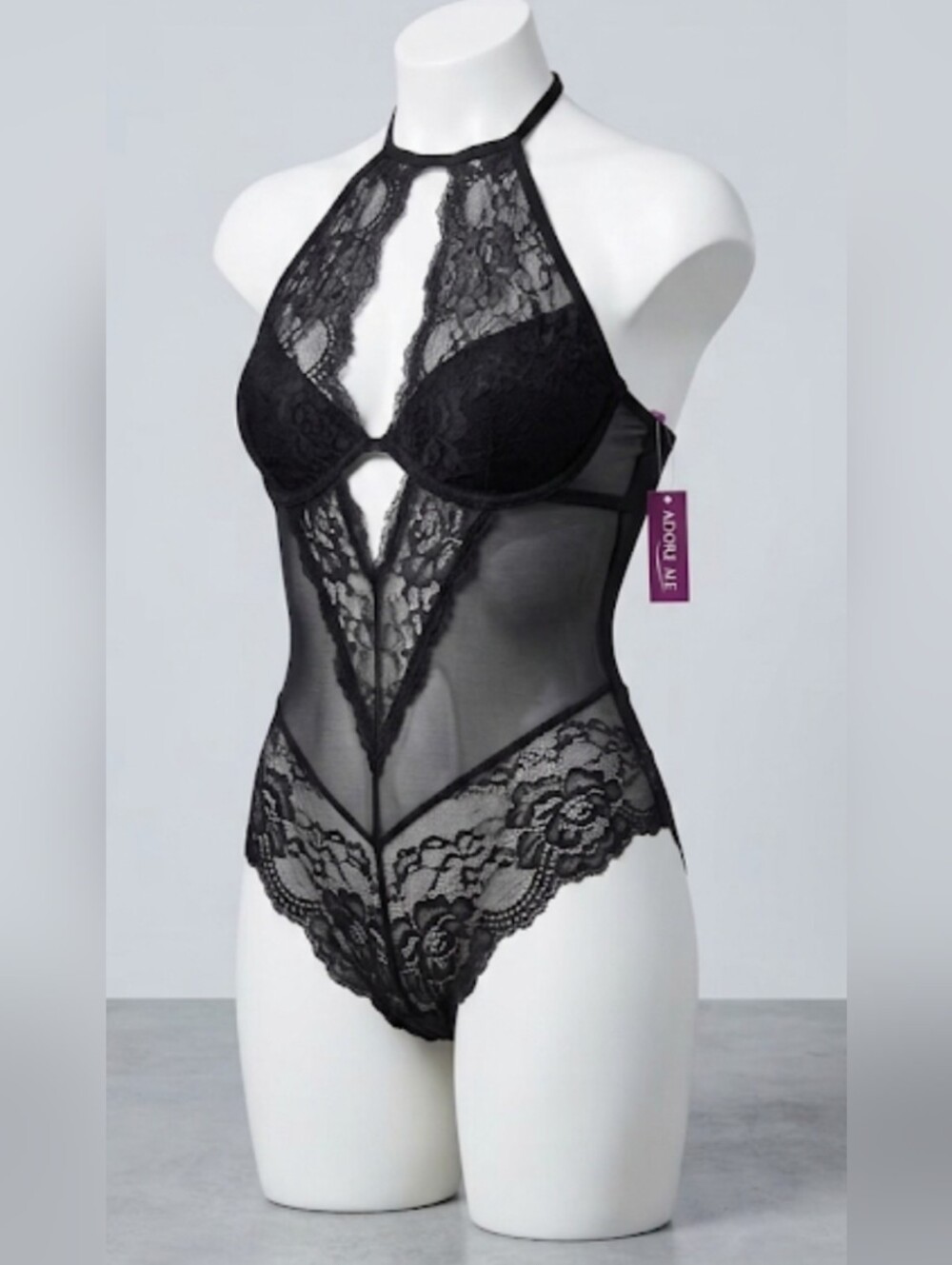(Adore Me )Black Lace Halter Teddy Bodysuit